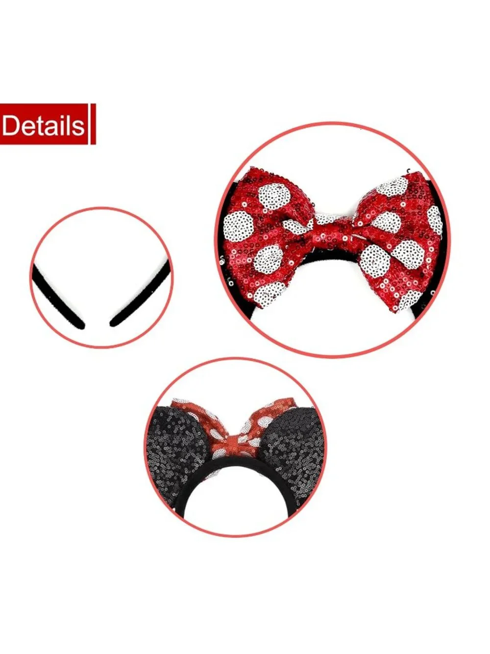 Women Red Bow Sequin Polyester Shiny Bows Mickey Mouse Headband